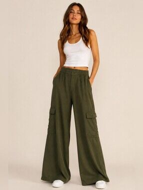 WAYF | Olive Green Wide Leg Cargo Pants Utility Trouser, Size M
